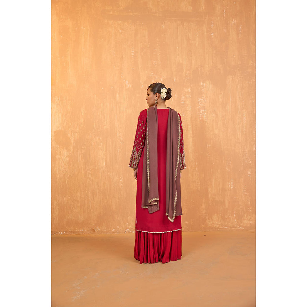 Radha Sharma Pink Georgette Gold and Pearl Handwork Kurta with Palazzo and Dupatta (Set of 3)