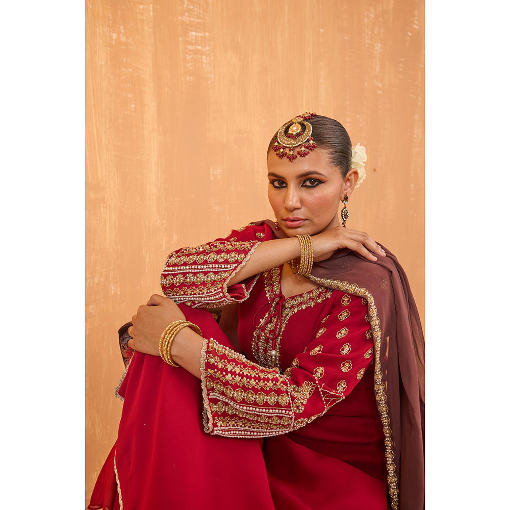 Radha Sharma Pink Georgette Gold and Pearl Handwork Kurta with Palazzo and Dupatta (Set of 3)