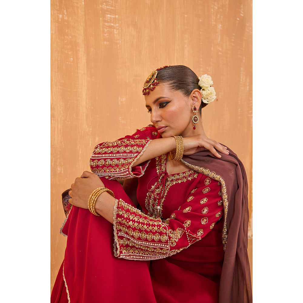 Radha Sharma Pink Georgette Gold and Pearl Handwork Kurta with Palazzo and Dupatta (Set of 3)