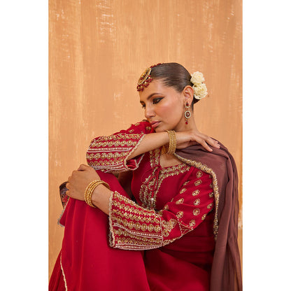 Radha Sharma Pink Georgette Gold and Pearl Handwork Kurta with Palazzo and Dupatta (Set of 3)