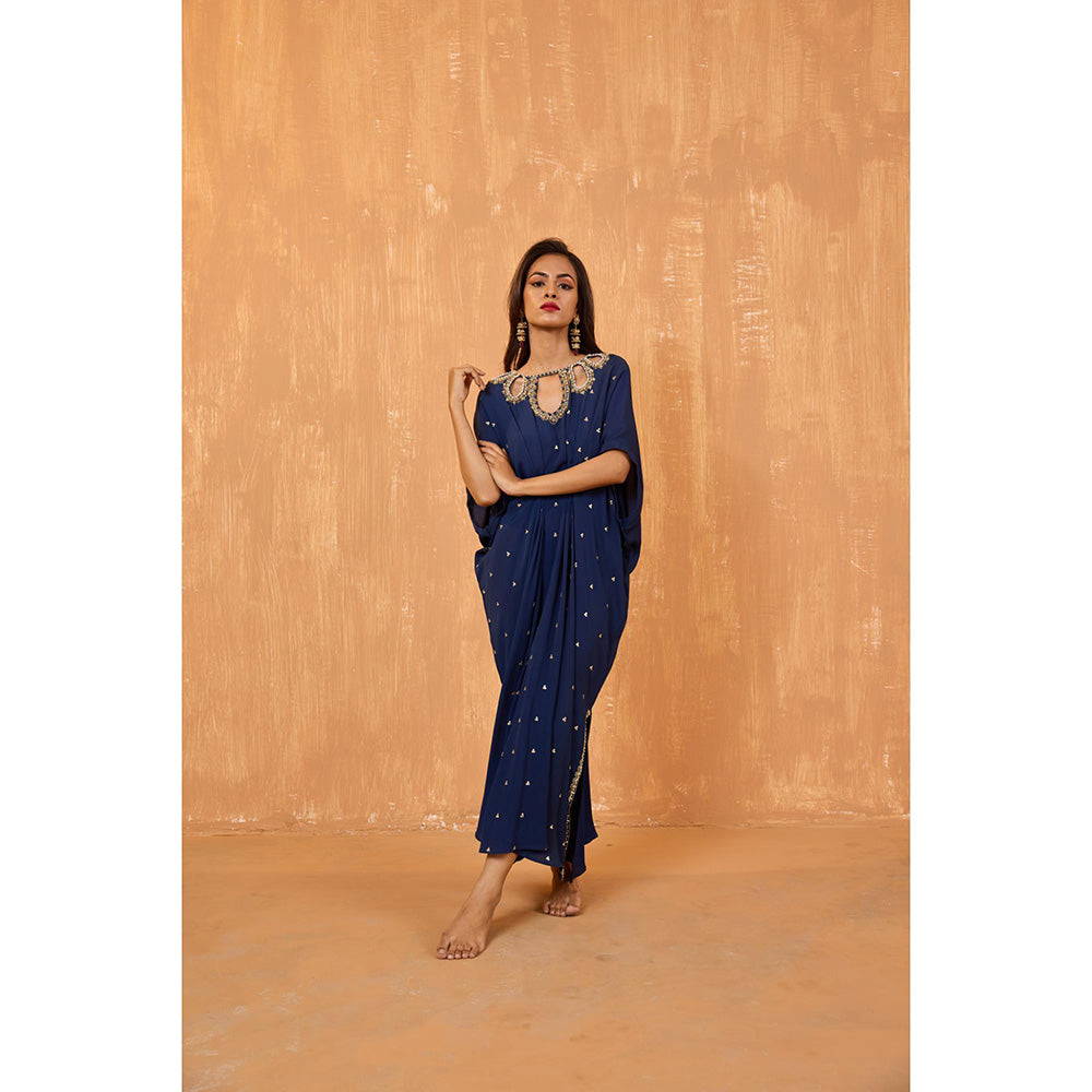 Radha Sharma Navy Blue Georgette Gold and Pearl Handwork Kaftan
