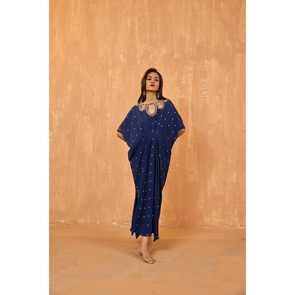 Radha Sharma Navy Blue Georgette Gold and Pearl Handwork Kaftan