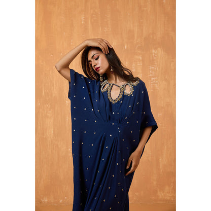 Radha Sharma Navy Blue Georgette Gold and Pearl Handwork Kaftan