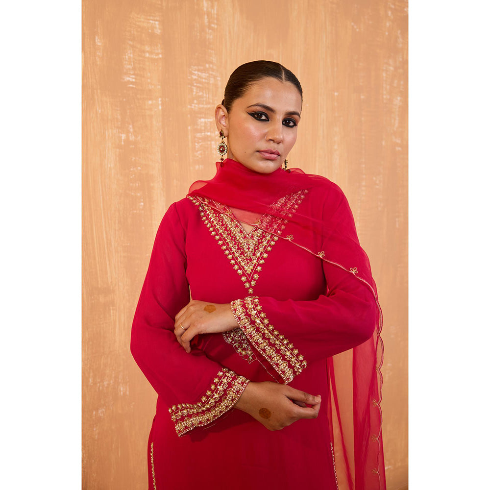 Radha Sharma Pink Georgette Gold and Pearl Handwork Kurta with Palazzo and Dupatta (Set of 3)