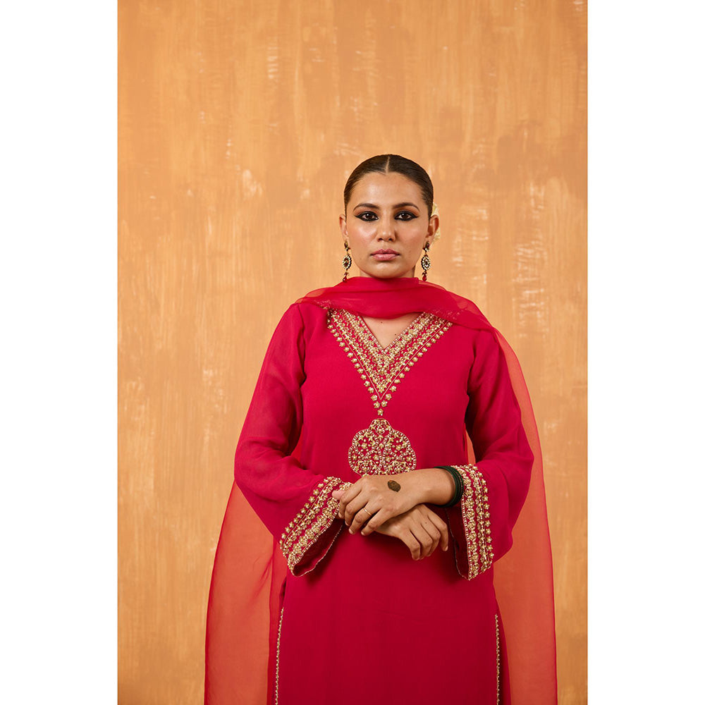 Radha Sharma Pink Georgette Gold and Pearl Handwork Kurta with Palazzo and Dupatta (Set of 3)