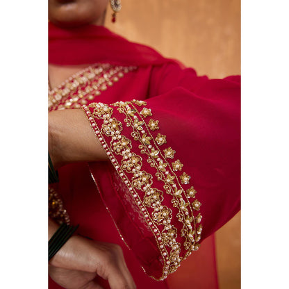 Radha Sharma Pink Georgette Gold and Pearl Handwork Kurta with Palazzo and Dupatta (Set of 3)