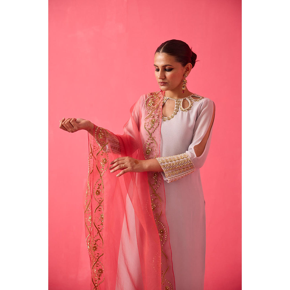 Radha Sharma Georgette Gold and Pearl Handwork Kurta with Palazzo and Dupatta (Set of 3)