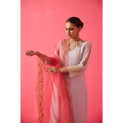 Radha Sharma Georgette Gold and Pearl Handwork Kurta with Palazzo and Dupatta (Set of 3)