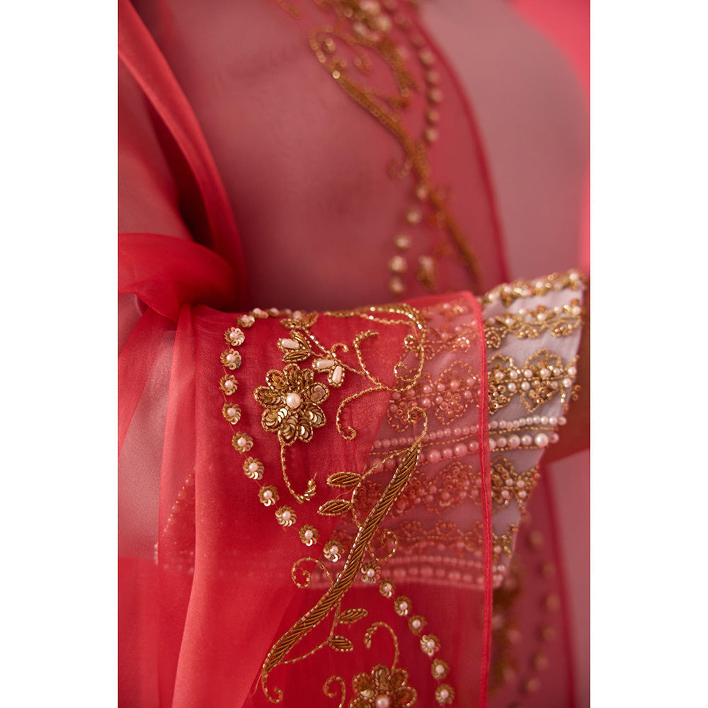 Radha Sharma Georgette Gold and Pearl Handwork Kurta with Palazzo and Dupatta (Set of 3)