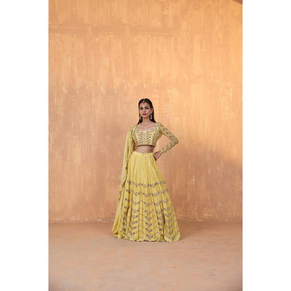 Radha Sharma Yellow Silk Chanderi Lehenga with Blouse and Dupatta (Set of 3)