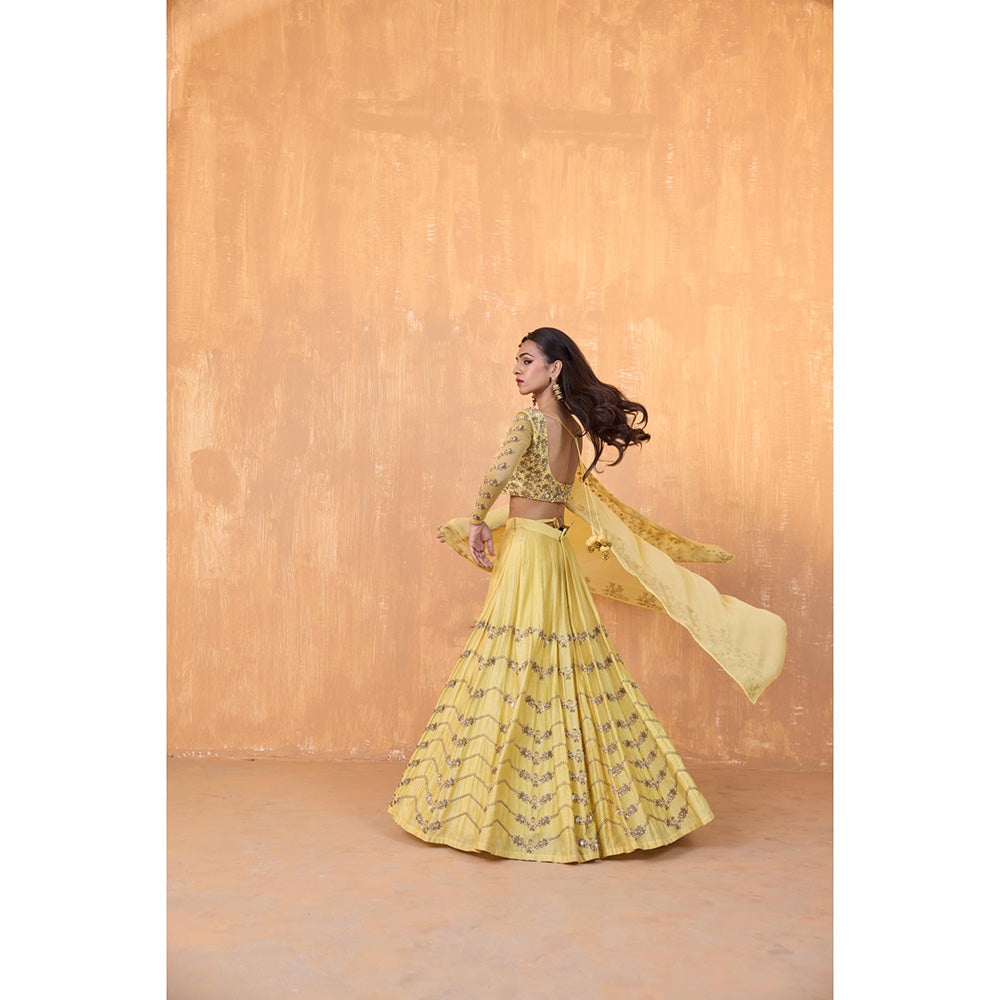 Radha Sharma Yellow Silk Chanderi Lehenga with Blouse and Dupatta (Set of 3)