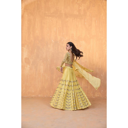 Radha Sharma Yellow Silk Chanderi Lehenga with Blouse and Dupatta (Set of 3)