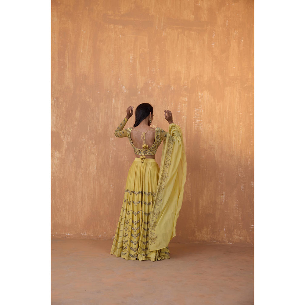 Radha Sharma Yellow Silk Chanderi Lehenga with Blouse and Dupatta (Set of 3)