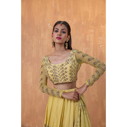 Radha Sharma Yellow Silk Chanderi Lehenga with Blouse and Dupatta (Set of 3)