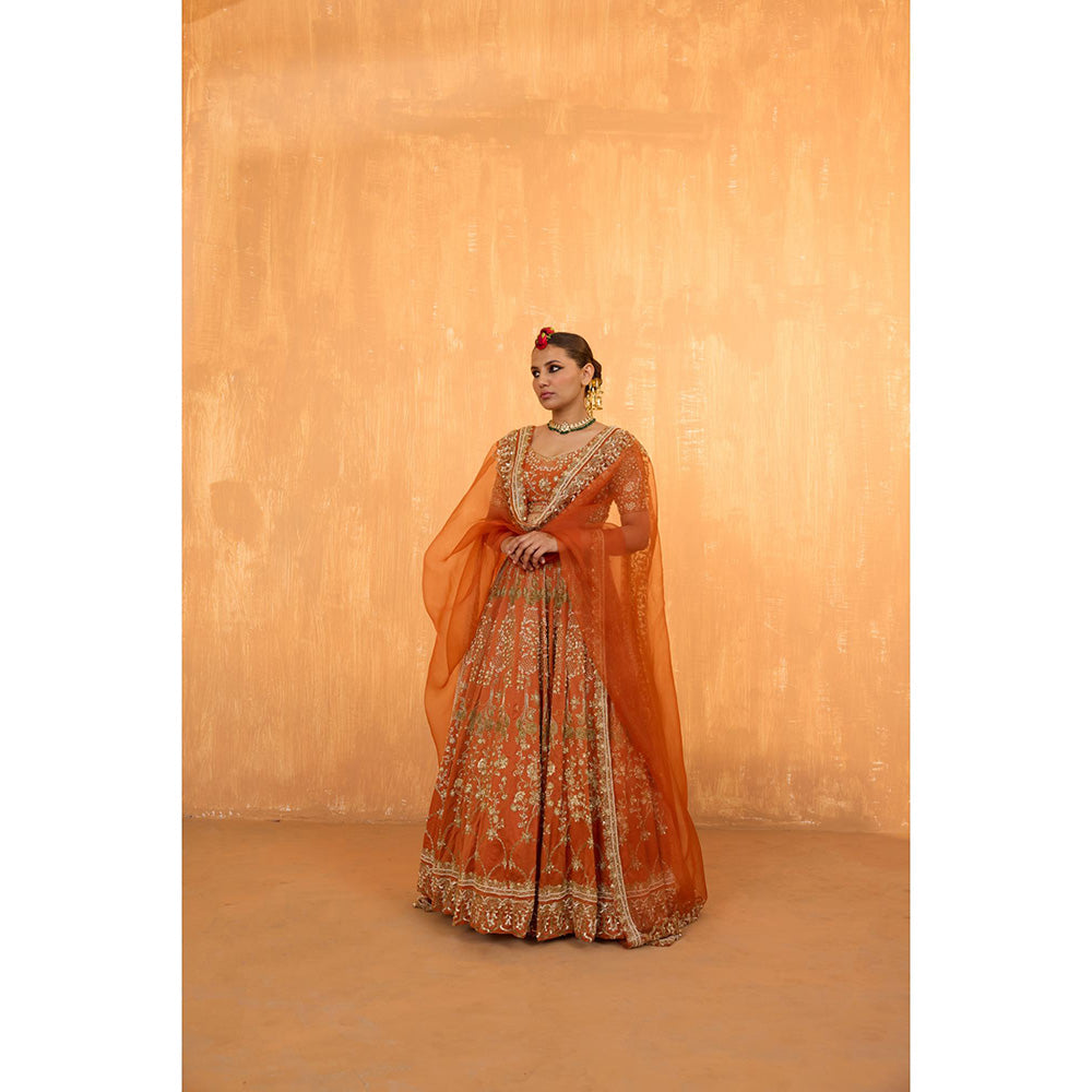 Radha Sharma Orange Silk Chanderi Lehenga with Blouse and Dupatta (Set of 3)