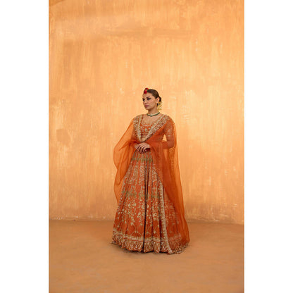 Radha Sharma Orange Silk Chanderi Lehenga with Blouse and Dupatta (Set of 3)