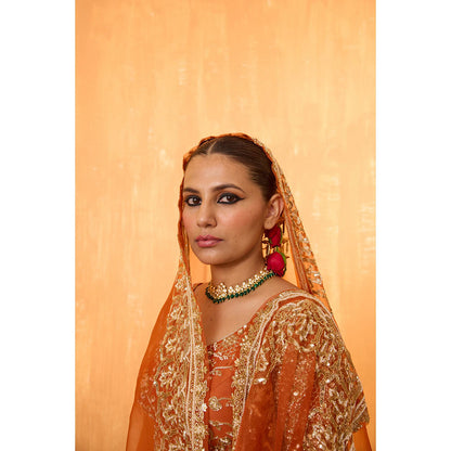 Radha Sharma Orange Silk Chanderi Lehenga with Blouse and Dupatta (Set of 3)