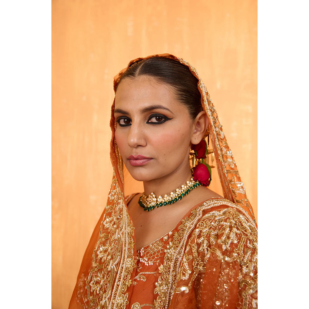 Radha Sharma Orange Silk Chanderi Lehenga with Blouse and Dupatta (Set of 3)