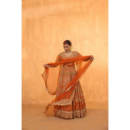 Radha Sharma Orange Silk Chanderi Lehenga with Blouse and Dupatta (Set of 3)