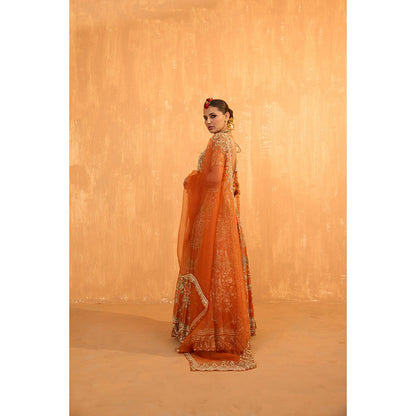 Radha Sharma Orange Silk Chanderi Lehenga with Blouse and Dupatta (Set of 3)