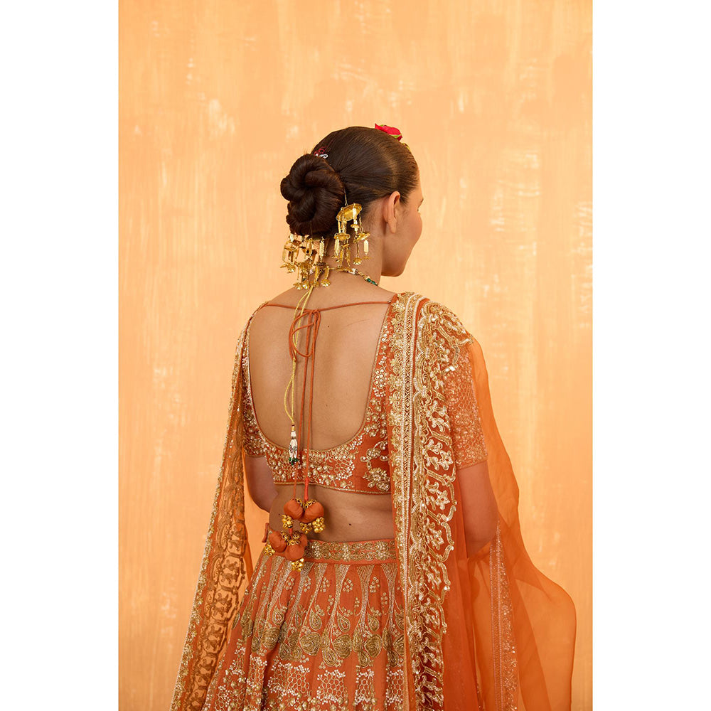 Radha Sharma Orange Silk Chanderi Lehenga with Blouse and Dupatta (Set of 3)