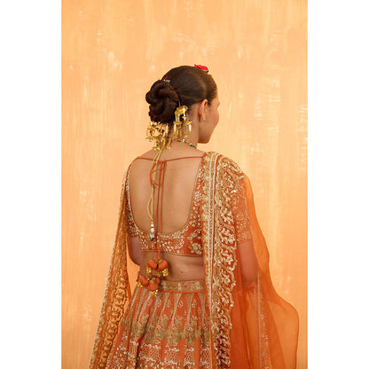 Radha Sharma Orange Silk Chanderi Lehenga with Blouse and Dupatta (Set of 3)