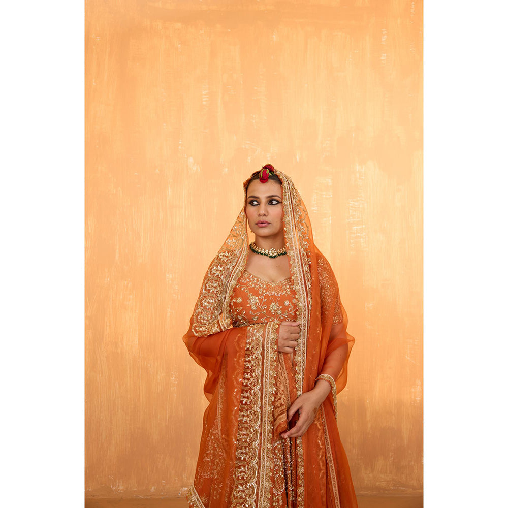 Radha Sharma Orange Silk Chanderi Lehenga with Blouse and Dupatta (Set of 3)