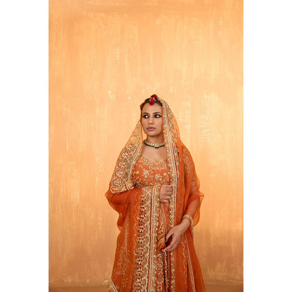Radha Sharma Orange Silk Chanderi Lehenga with Blouse and Dupatta (Set of 3)