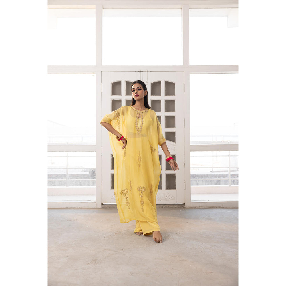 Radha Sharma Yellow Organza Embellished Kaftan with Bustier and Palazzo (Set of 3)