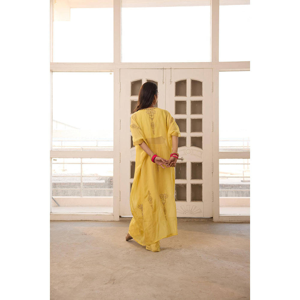 Radha Sharma Yellow Organza Embellished Kaftan with Bustier and Palazzo (Set of 3)