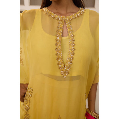 Radha Sharma Yellow Organza Embellished Kaftan with Bustier and Palazzo (Set of 3)