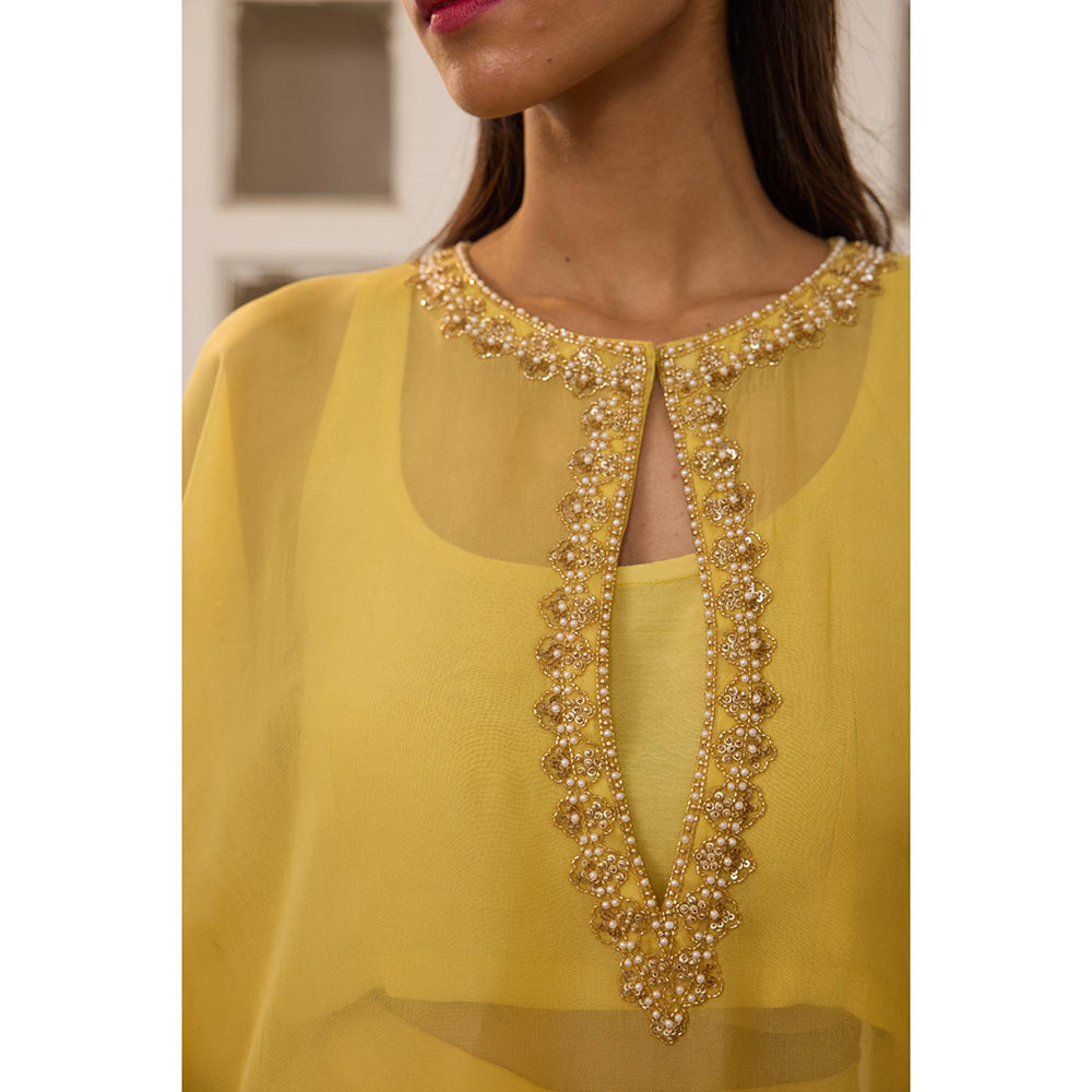 Radha Sharma Yellow Organza Embellished Kaftan with Bustier and Palazzo (Set of 3)