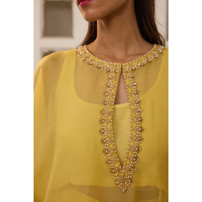 Radha Sharma Yellow Organza Embellished Kaftan with Bustier and Palazzo (Set of 3)