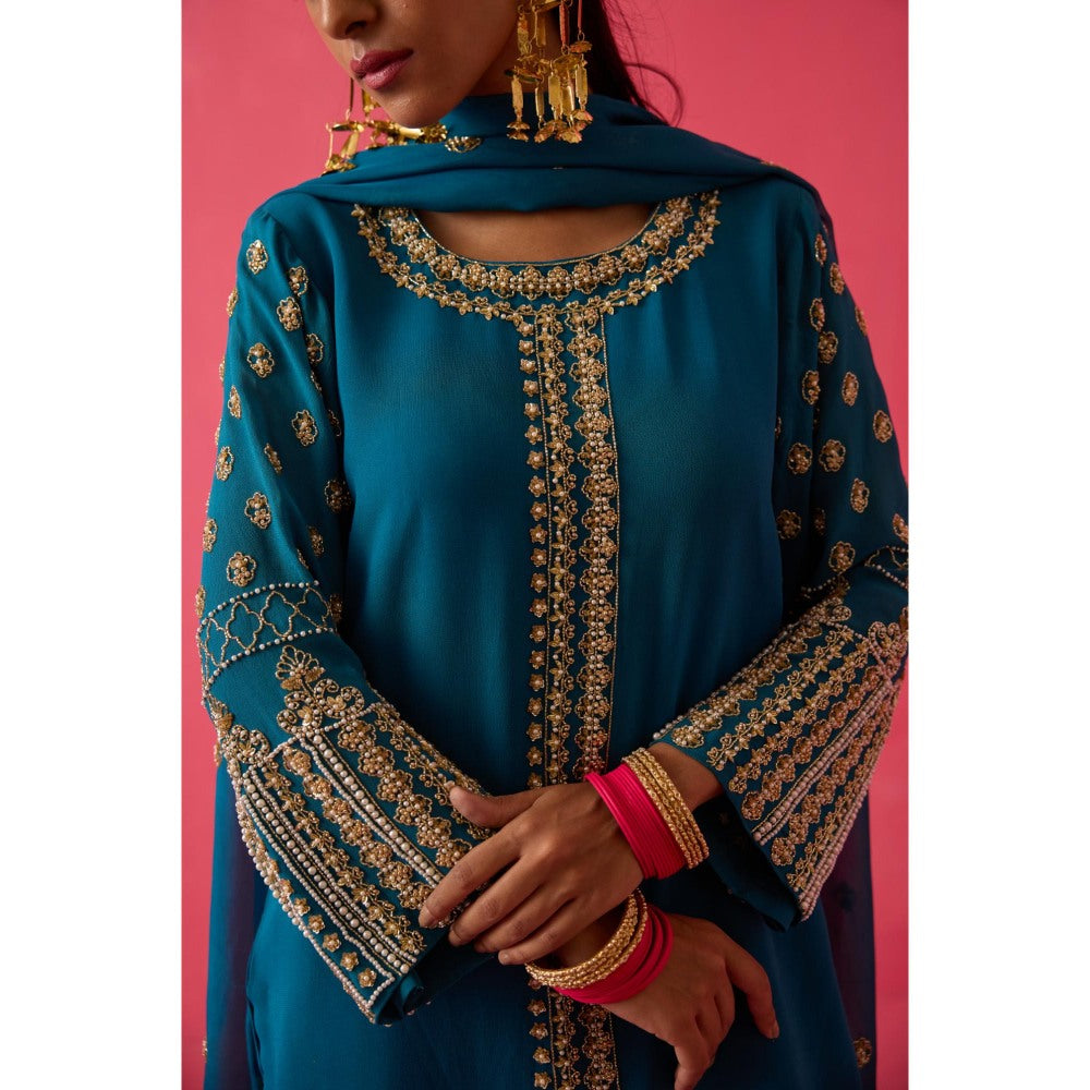 Radha Sharma Turquoise Gold & Pearl Handwork Kurta with Palazzo and Dupatta (Set of 3)