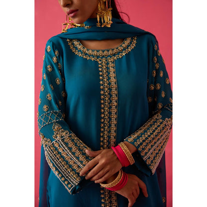Radha Sharma Turquoise Gold & Pearl Handwork Kurta with Palazzo and Dupatta (Set of 3)