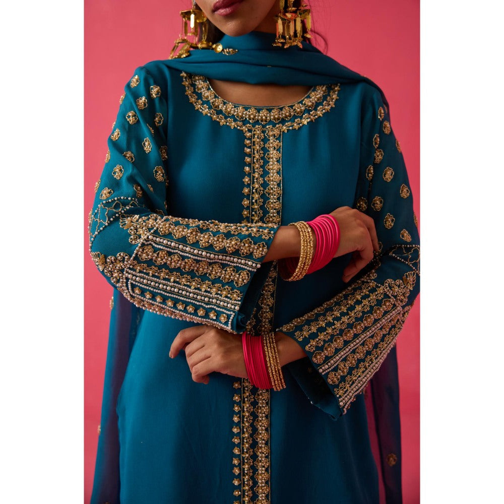 Radha Sharma Turquoise Gold & Pearl Handwork Kurta with Palazzo and Dupatta (Set of 3)