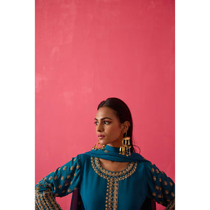 Radha Sharma Turquoise Gold & Pearl Handwork Kurta with Palazzo and Dupatta (Set of 3)
