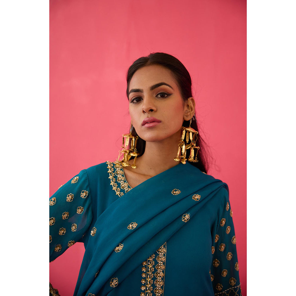 Radha Sharma Turquoise Gold & Pearl Handwork Kurta with Palazzo and Dupatta (Set of 3)
