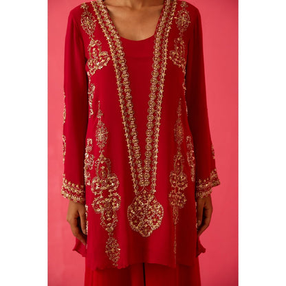Radha Sharma Georgette Gold & Pearl Handwork Kurta with Sharara and Dupatta (Set of 3)