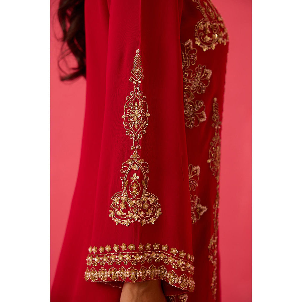 Radha Sharma Georgette Gold & Pearl Handwork Kurta with Sharara and Dupatta (Set of 3)