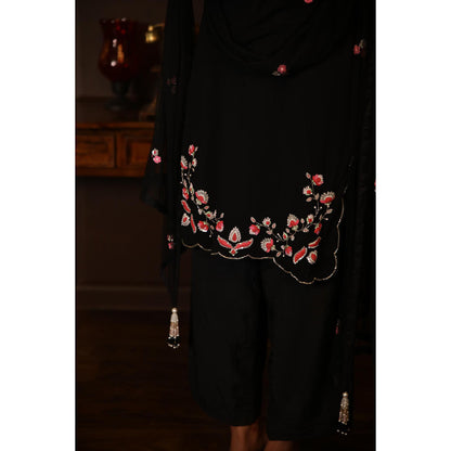Radha Sharma Black Georgette Embellished Kurta with Palazzo and Dupatta (Set of 3)