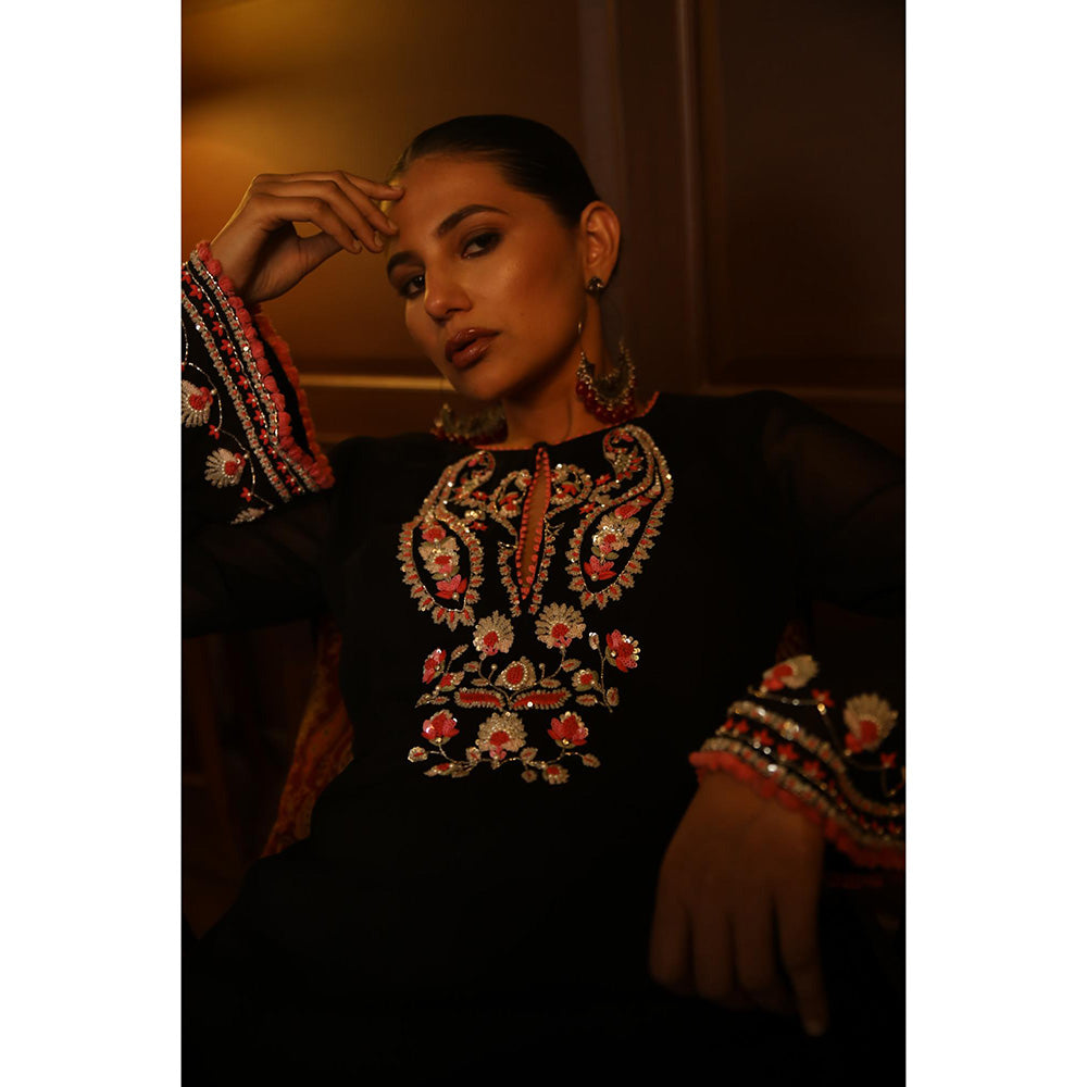 Radha Sharma Black Georgette Embellished Kurta with Palazzo and Dupatta (Set of 3)
