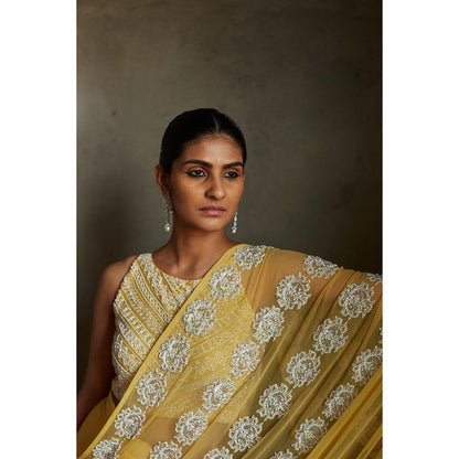 Radha Sharma Yellow Embellished Pre Draped Saree with Stitched Blouse