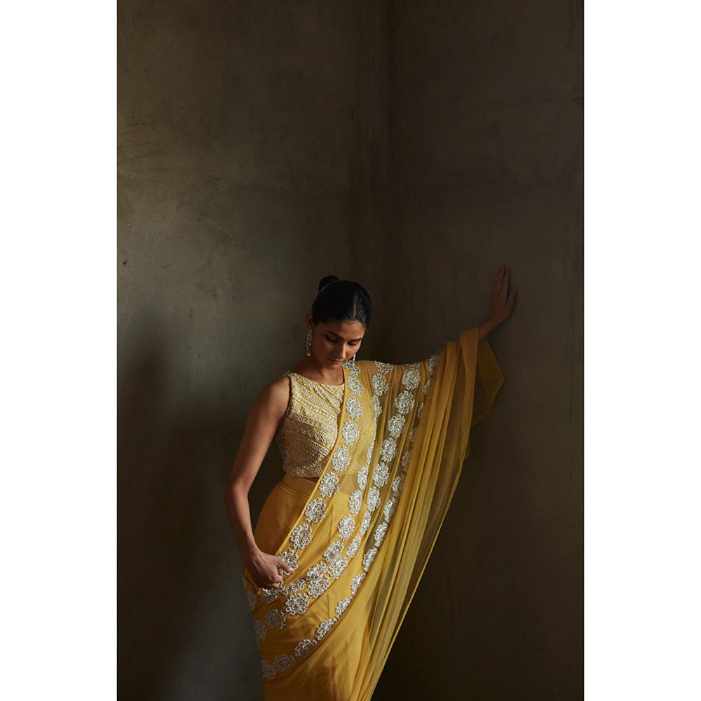 Radha Sharma Yellow Embellished Pre Draped Saree with Stitched Blouse