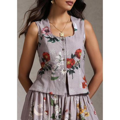 Raiman Lavender Floral Print Top and Skirt (Set of 2)