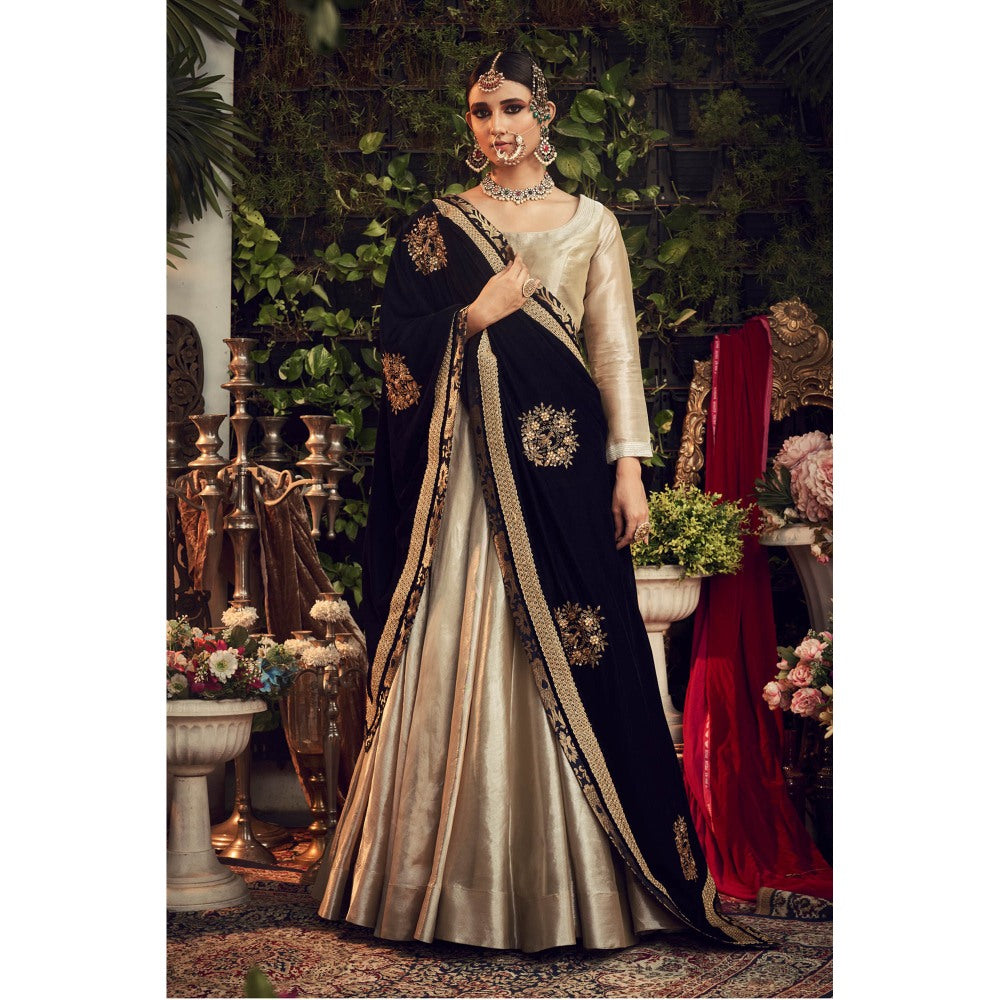 Ranian Beige Round Neck Blouse with Lehenga and Navy Blue Velvet Dupatta (Set of 3)