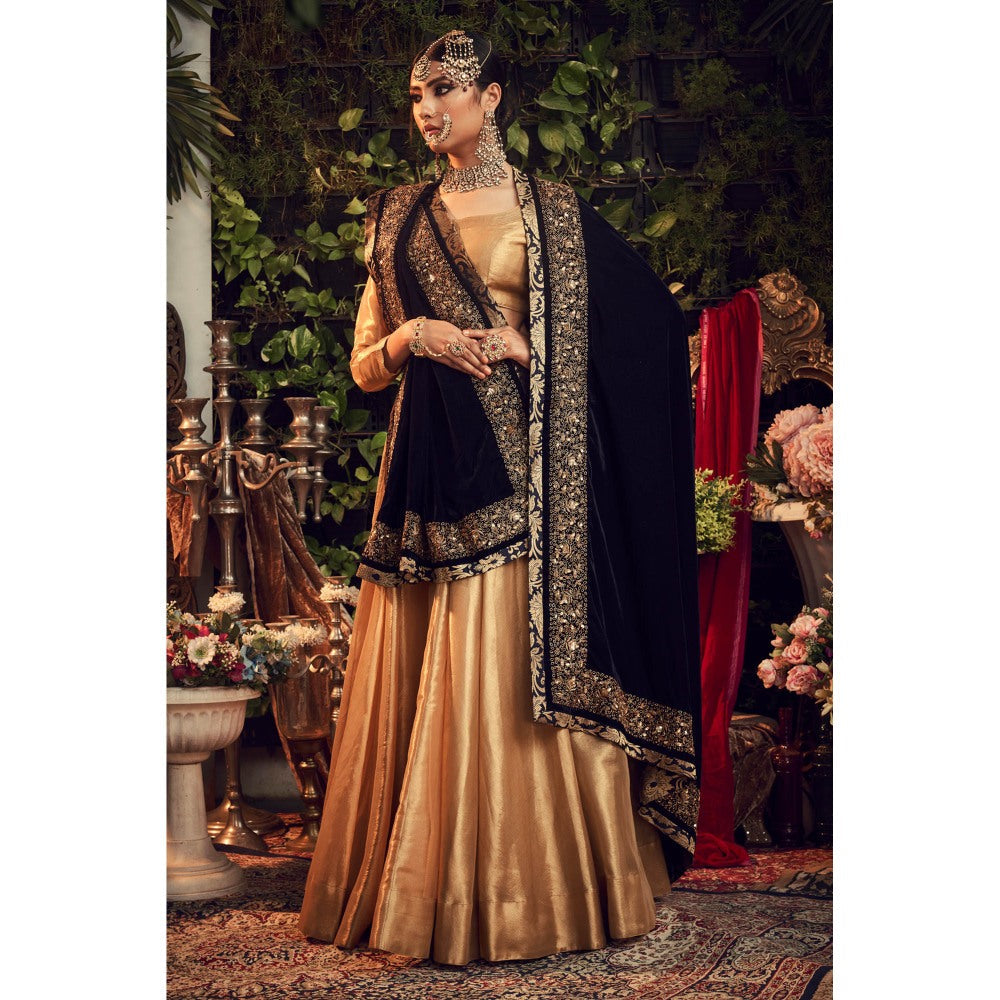 Ranian Gold Round Neck Blouse with Lehenga and Navy Blue Velvet Dupatta (Set of 3)