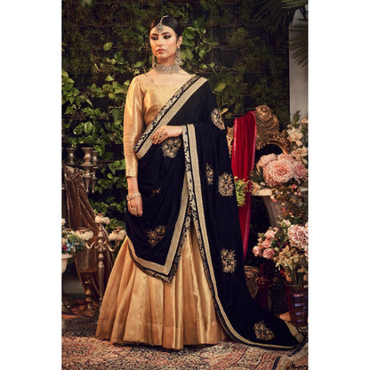 Ranian Oxidized Gold Round Neck Blouse with Lehenga and Velvet Dupatta (Set of 3)