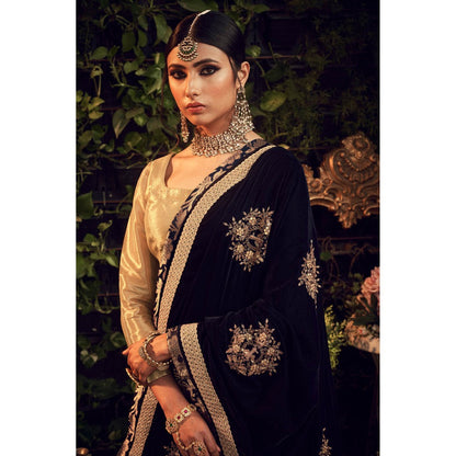 Ranian Oxidized Gold Round Neck Blouse with Lehenga and Velvet Dupatta (Set of 3)