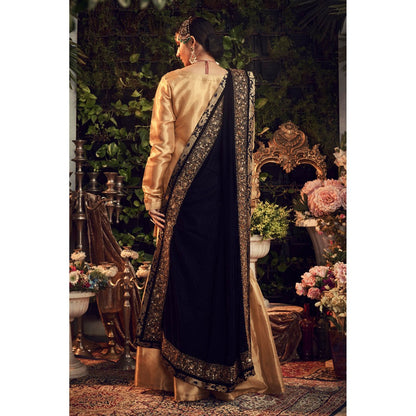 Ranian Oxidized Gold Sharara with Kurti and Navy Blue Velvet Dupatta (Set of 3)